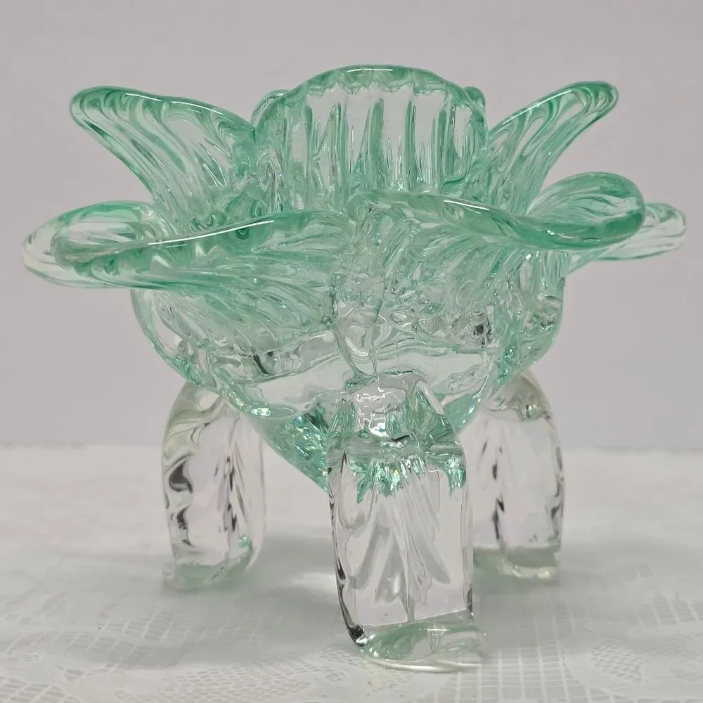 Vintage Teal Recycled Glass Footed Lotus Flower Candle Holder Art Deco Boho